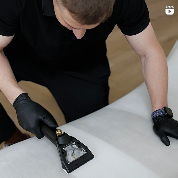 C&M cleaner deep-cleaning a sofa with an upholstery extraction tool